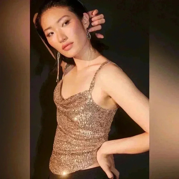Anthropologie Tops - NWT By Anthropologie Cowl-Neck Sequin Camisole Party Tank Gold Size Small